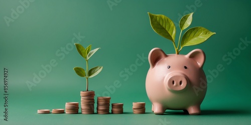 piggy bank and green plant, green investment illustration