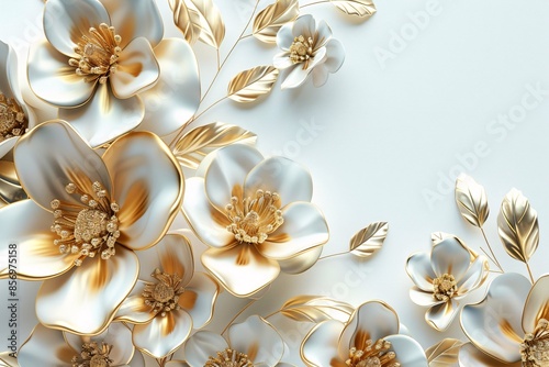 Elegant 3D Gold Flowers on White Background