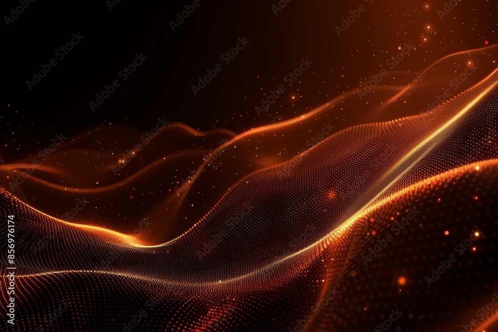 Fototapeta premium Abstract glowing waves of orange light dots on a dark background. Dynamic and futuristic energy flow concept.