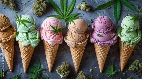 Ice Cream Cones With Marijuana Leaves.