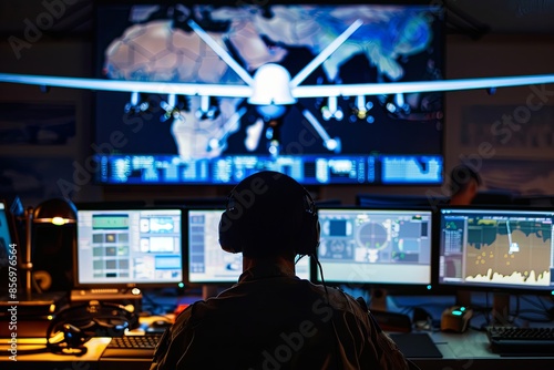 An operator in a control room monitors a drone strike with a headset on, focused on the task. Generative AI