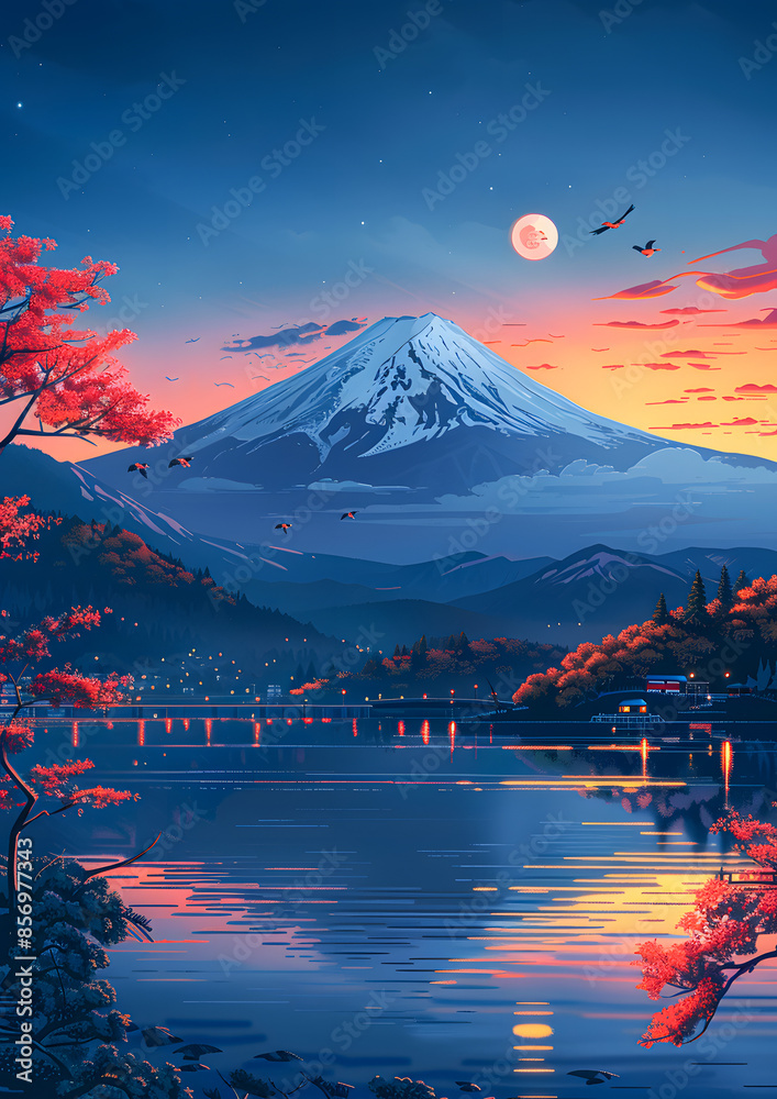 Digital illustration of a sunset over Mount Fuji with cherry blossoms, reflecting on a tranquil lake with a full moon and birds in the sky.