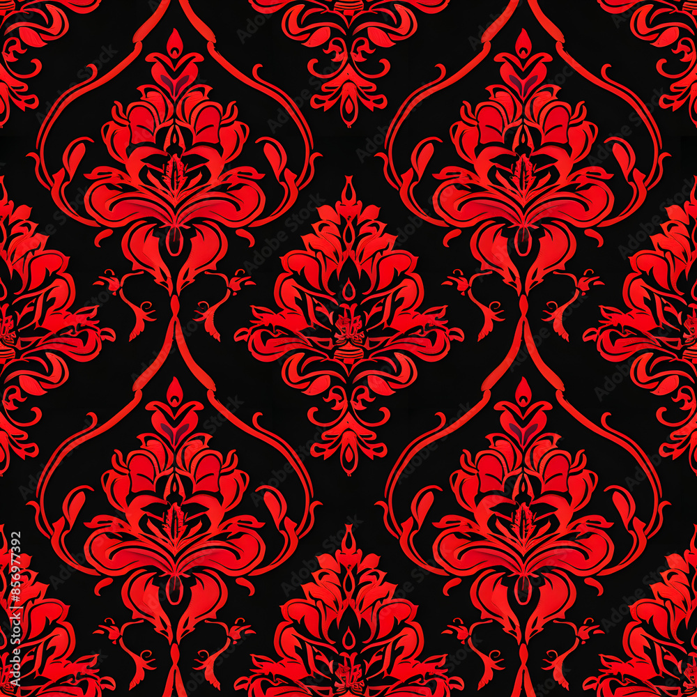 Elegant red and black damask seamless pattern, perfect for wallpaper, textiles, and backgrounds. Elegant red and black damask seamless pattern, perfect for wallpaper, textiles, and backgrounds.