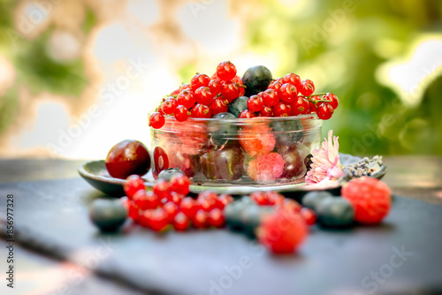 Red currant in a bowl, healthy organic seasonal fruit in glass bowl