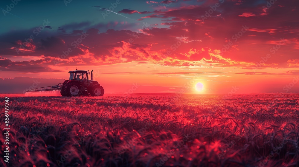 Fototapeta premium Tractor Spraying Field During Sunset