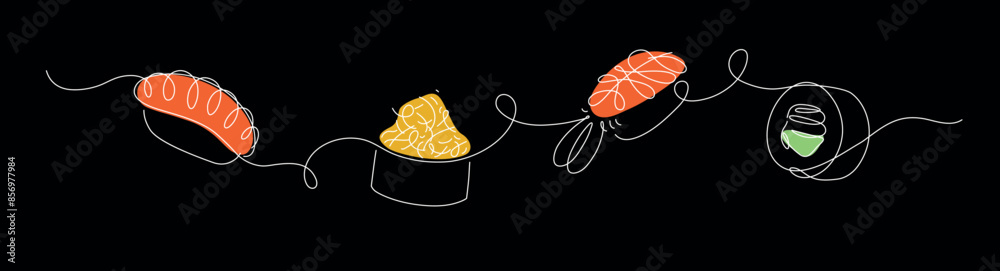 Roll and sushi panorama set drawing in linear style on black background.