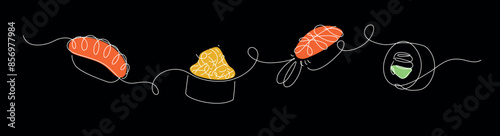 Obraz na płótnie Roll and sushi panorama set drawing in linear style on black background. w salonie