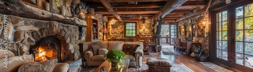 Inviting rustic stone cottage with wooden beams, a crackling open hearth fireplace, and a charming thatched roof, perfect for a cozy escape photo