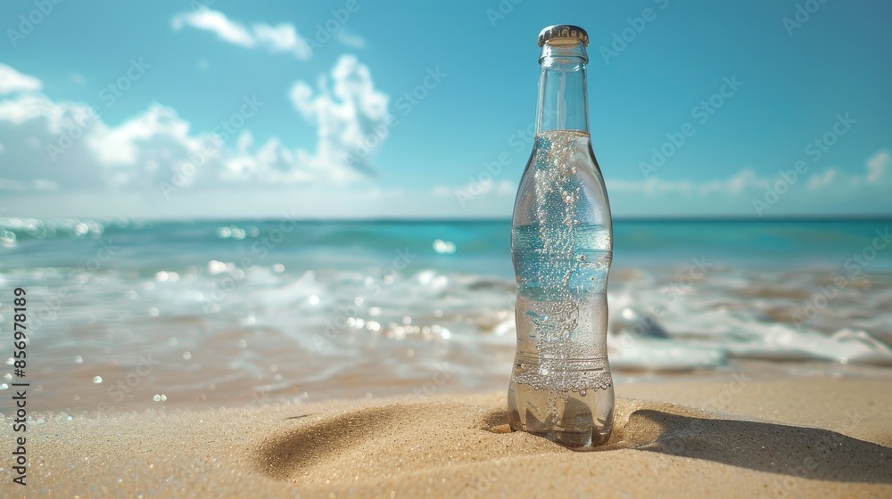 chilled soda bottle standing on a sandy beach, with the ocean chilled soda bottle standing on a sandy beach, with the ocean