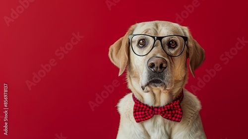 Adorable Labrador with Glasses and Red Bow Tie on Red Background. Cute Pet Portrait in Stylish Accessories. Perfect for Humor and Fashion Concepts. Animal Portrait in Studio Setting. AI photo