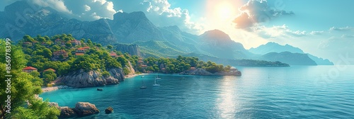 Seascape, sea and mountains, sunny, calm day in the sea valley, marine tourism, marine wallpapers, banner