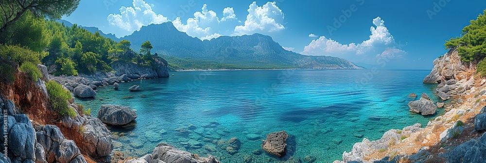 Seascape, sea and mountains, sunny, calm day in the sea valley, marine tourism, marine wallpapers, banner Seascape, sea and mountains, sunny, calm day in the sea valley, marine tourism, marine wallpapers, banner