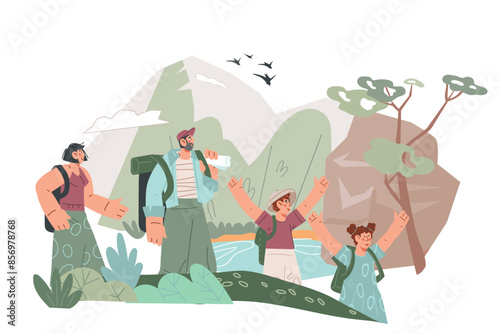 Family traveling with backpacks in mountains, flat vector illustration isolated on white. Family travel, hiking and tourism. Mountaineering activity.