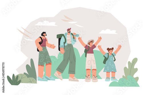 Family traveling with backpacks in nature, flat vector illustration isolated on white. Family travel, hiking and tourism.
