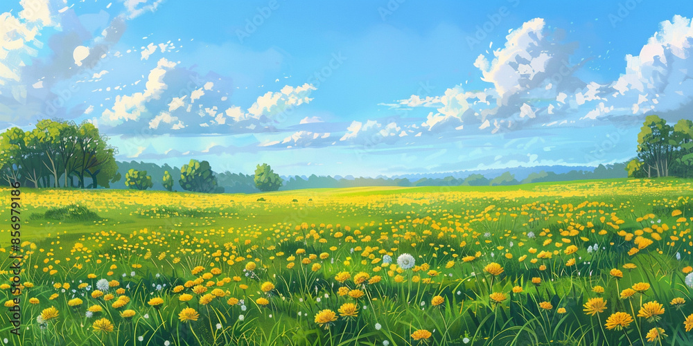 Obraz premium A beautiful field of yellow dandelions, green grass and blue sky