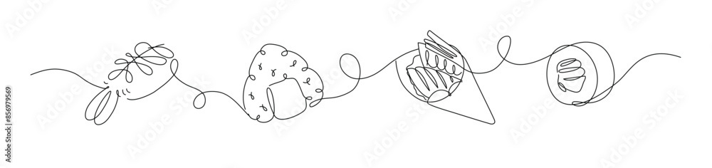 Asian food sushi and roll nigiri, onigiri, temaki, maki panorama set drawing in linear style on white background.