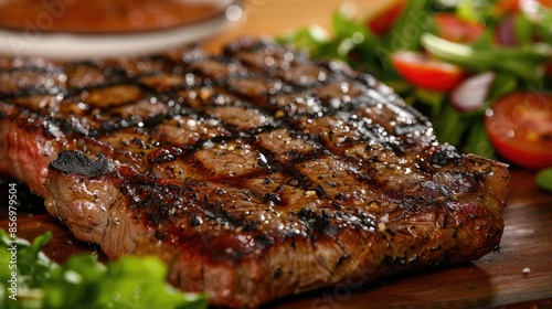 close-up of a perfectly grilled steak with grill marks and a side of salad