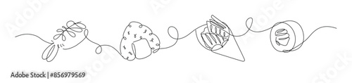 Obraz na płótnie Asian food sushi and roll nigiri, onigiri, temaki, maki panorama set drawing in linear style on white background. w salonie