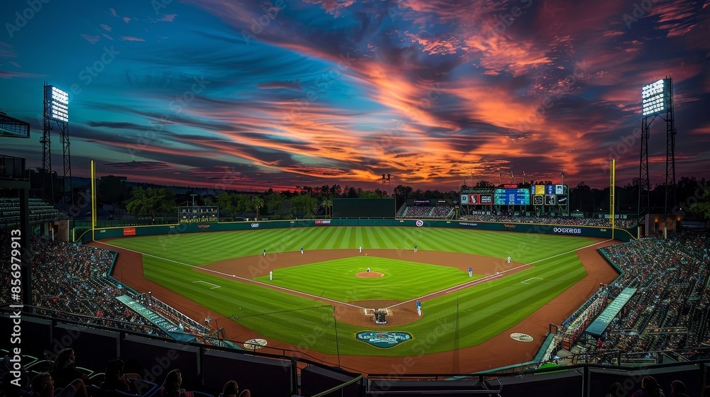 Baseball stadium at sunset, featuring an expansive field, empty seats, dramatic sky with colorful clouds, and stadium lights beginning to illuminate.