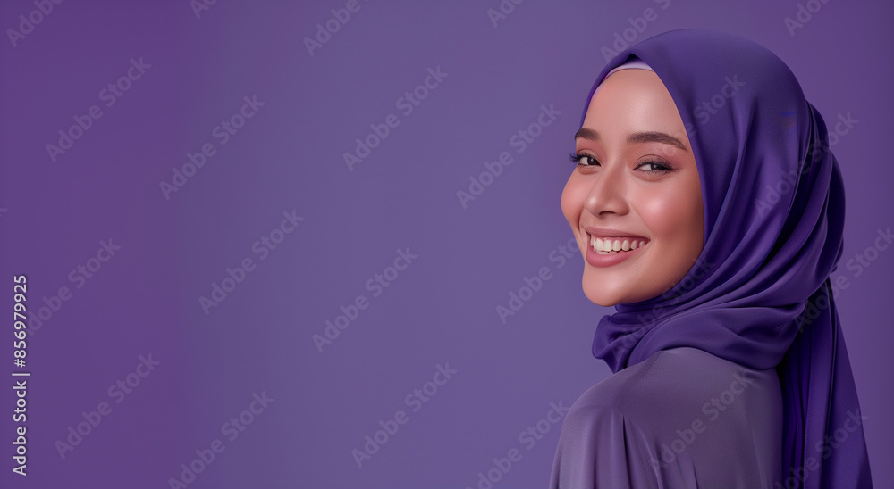 A portrait of a young smiling Muslim woman wearing a purple hijab against a purple background studio with copy space for text