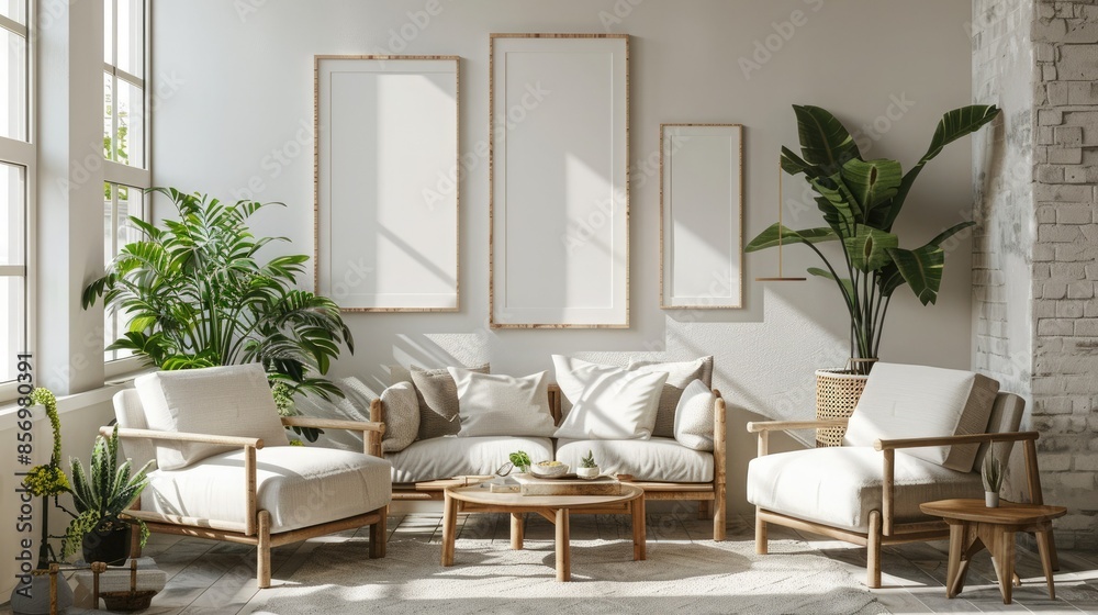 The photo shows mid-century modern furniture in a bright, airy room with many plants