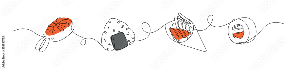 Asian food sushi and roll nigiri, onigiri, temaki, maki panorama set drawing in linear style with color on white background.