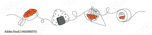Obraz na płótnie Asian food sushi and roll nigiri, onigiri, temaki, maki panorama set drawing in linear style with color on white background. w salonie