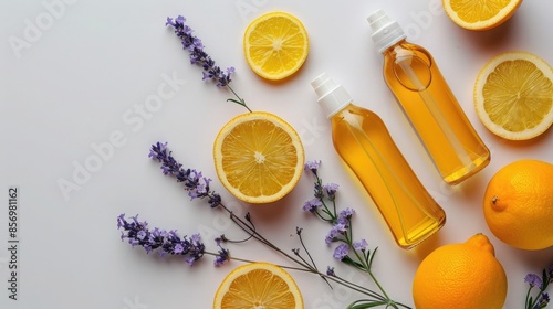 Aromatic cleaning products with fresh scents, such as lavender and citrus, for a refreshing home environment. Cleaning company. Copyspace photo