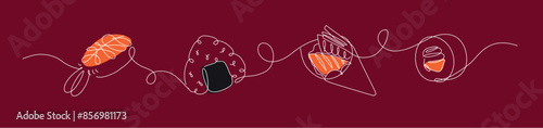 Obraz na płótnie Asian food sushi and roll nigiri, onigiri, temaki, maki panorama set drawing in linear style on red background. w salonie