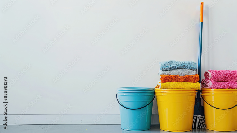 Fototapeta premium Neatly organized professional cleaning tools like mops and buckets against a white wall. Cleaning company. Copyspace