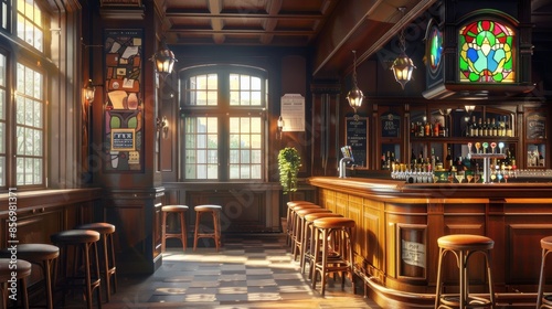Picturesque traditional pub with a wooden bar, leather stools, and colorful stained glass windows, perfect for a charming pub scene © kitidach