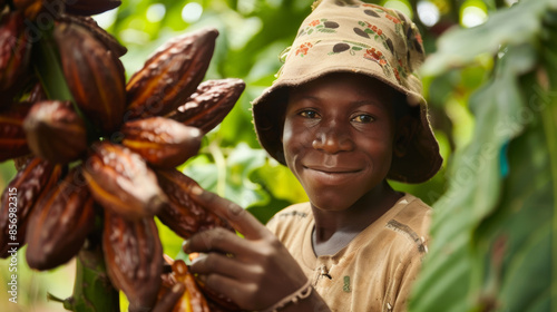 A young farmer smiles proudly as he holds a cocoa pod, highlighting the importance of Fairtrade during a market event