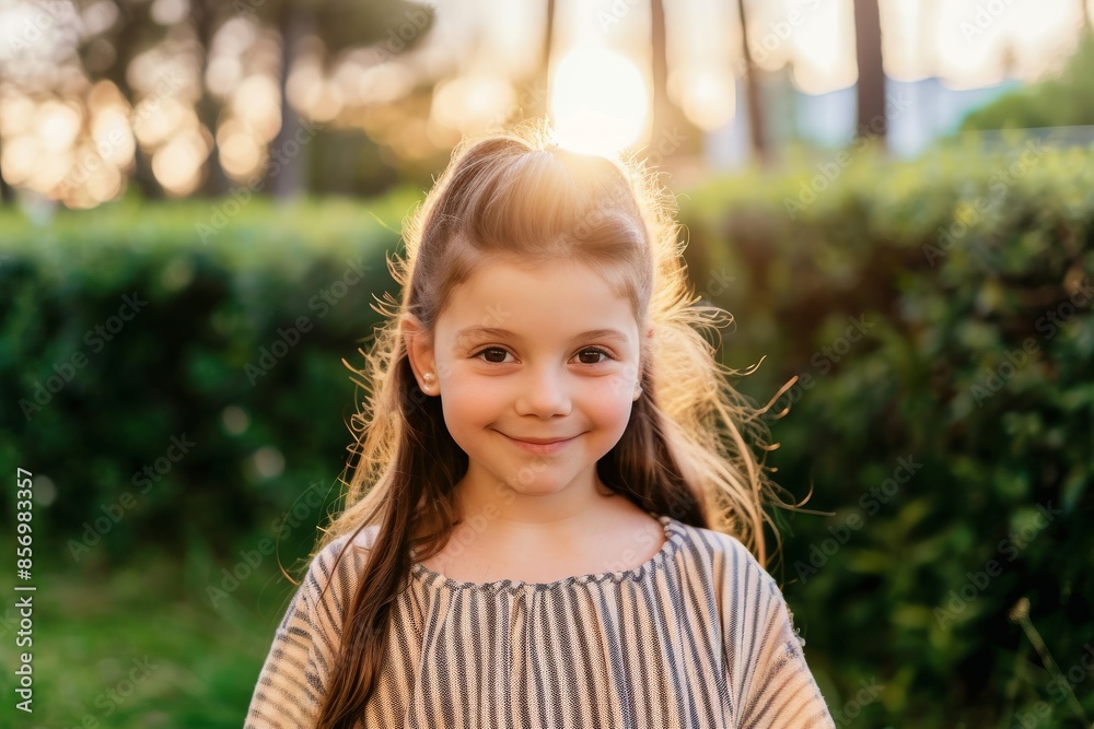 Portrait of a young girl at sunset Portrait of a young girl at sunset. She's outdoor, looking at camera. Green grass and hedge in the background. Portrait of a young girl at sunset Portrait of a young girl at sunset. She's outdoor, looking at camera. Green grass and hedge in the background.