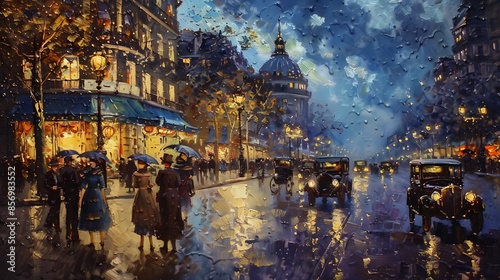Busy Paris Night: Vintage Street Painting with Lights and Rain