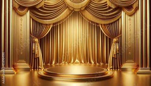 3D rendering of a golden stage with a circular platform and gold curtains surrounding it. The curtains are adorned with intricate details and are pulled back slightly to reveal the empty platform.