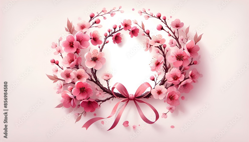 A delicate wreath made of cherry blossom branches with pink flowers, forming a circle. A pink ribbon with a bow is tied around the bottom, and some loose petals fall from the wreath. A delicate wreath made of cherry blossom branches with pink flowers, forming a circle. A pink ribbon with a bow is tied around the bottom, and some loose petals fall from the wreath.