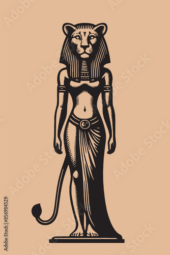 Sekhmet. Egyptian lioness goddess. Full body.  Vertical vector.  Vintage retro engraving illustration. Black icon, isolated element	