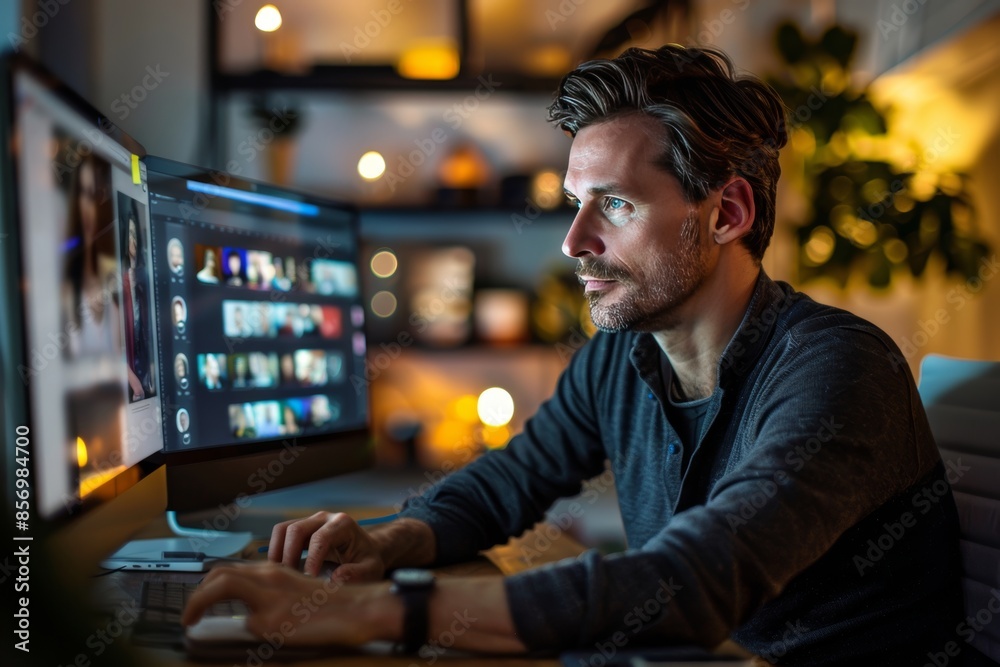 Professional conducting virtual team meeting via video conference with diverse remote colleagues Professional conducting virtual team meeting via video conference with diverse remote colleagues