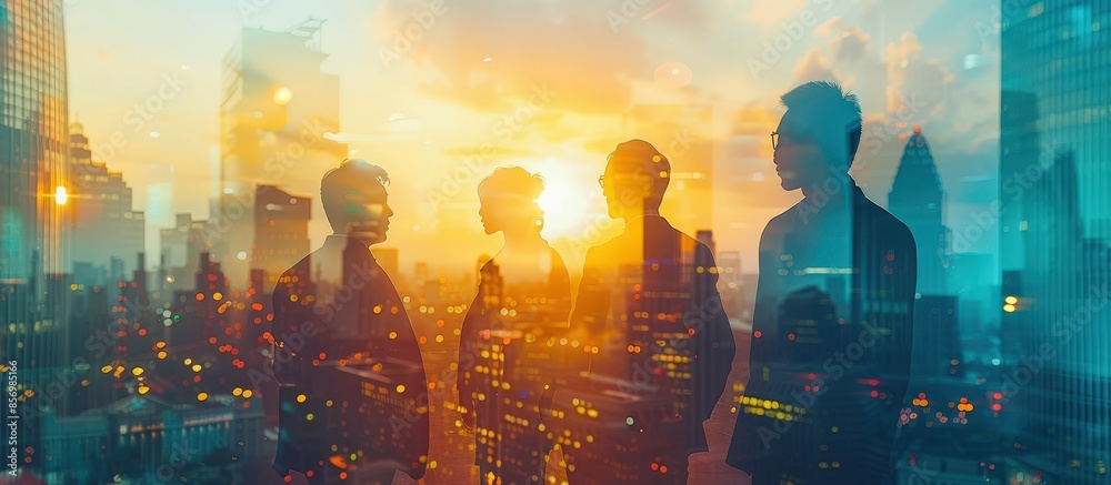 Business Team Meeting at Sunset with City Skyline Reflection in Background Business Team Meeting at Sunset with City Skyline Reflection in Background