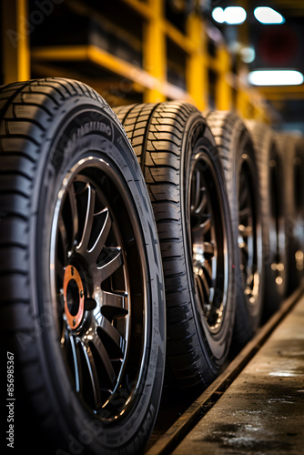 Car wheels in a car workshop