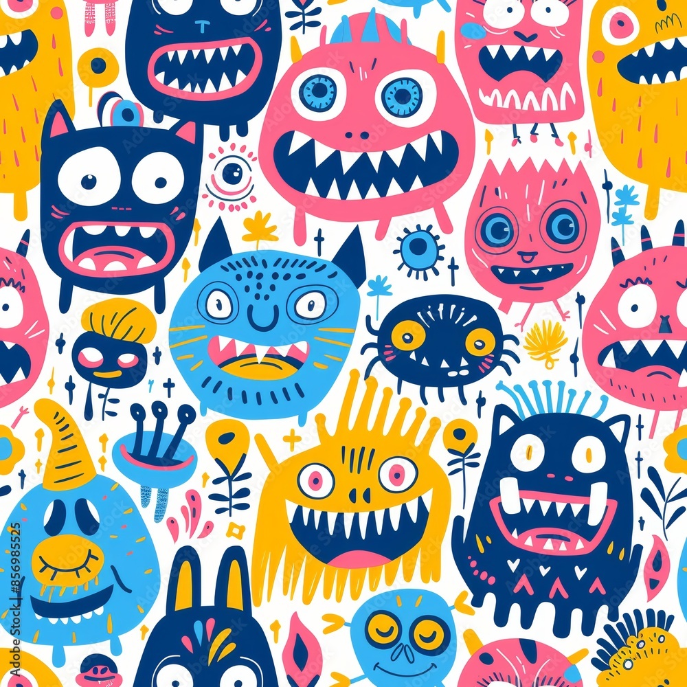 Cute zombie faces halloween background in pink, blue, yellow palette for design, fabric, wallpaper Cute zombie faces halloween background in pink, blue, yellow palette for design, fabric, wallpaper