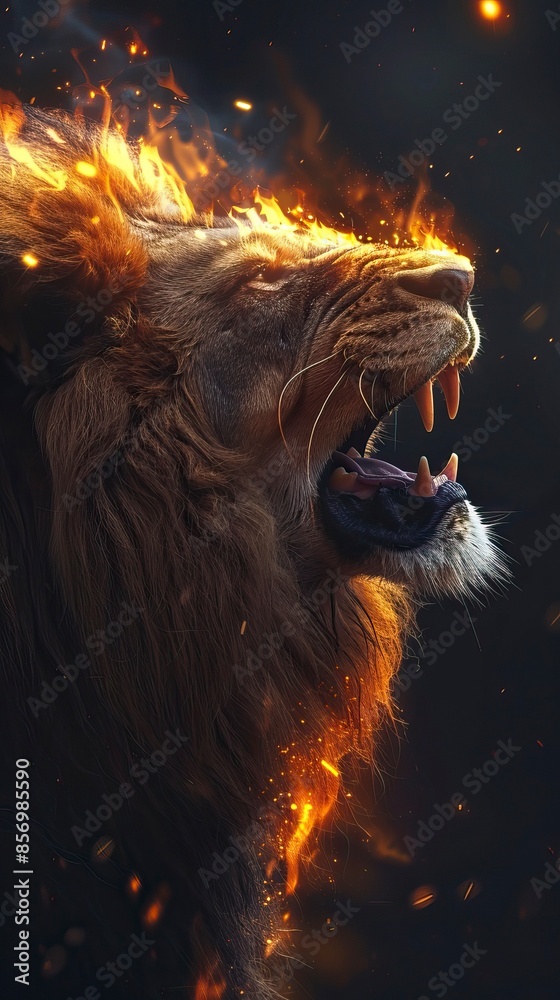 Naklejka premium roaring mighty fantasy lion with flames and glowing lights