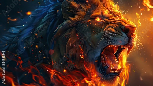 roaring mighty fantasy lion with flames and glowing lights