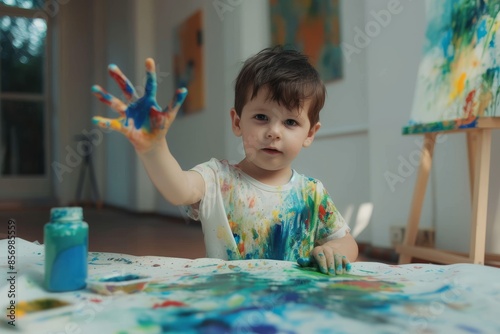 a 2 years old boy doing painting at home