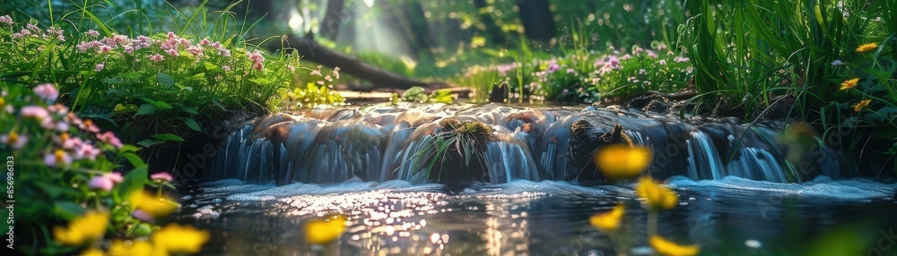 Fototapeta premium Serene Forest Stream with Sunlight Filtering Through Trees and Blooming Wildflowers