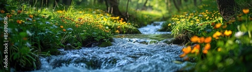 Serene Forest Stream with Vibrant Wildflowers and Lush Greenery in Sunlit Woodland