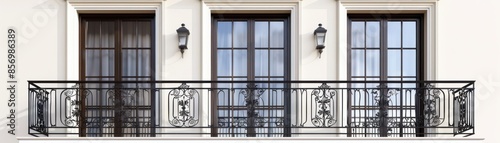 Exterior view of French doors leading to a balcony with ornate wrought iron railings, ideal for a stylish outdoor space, isolated on a white background