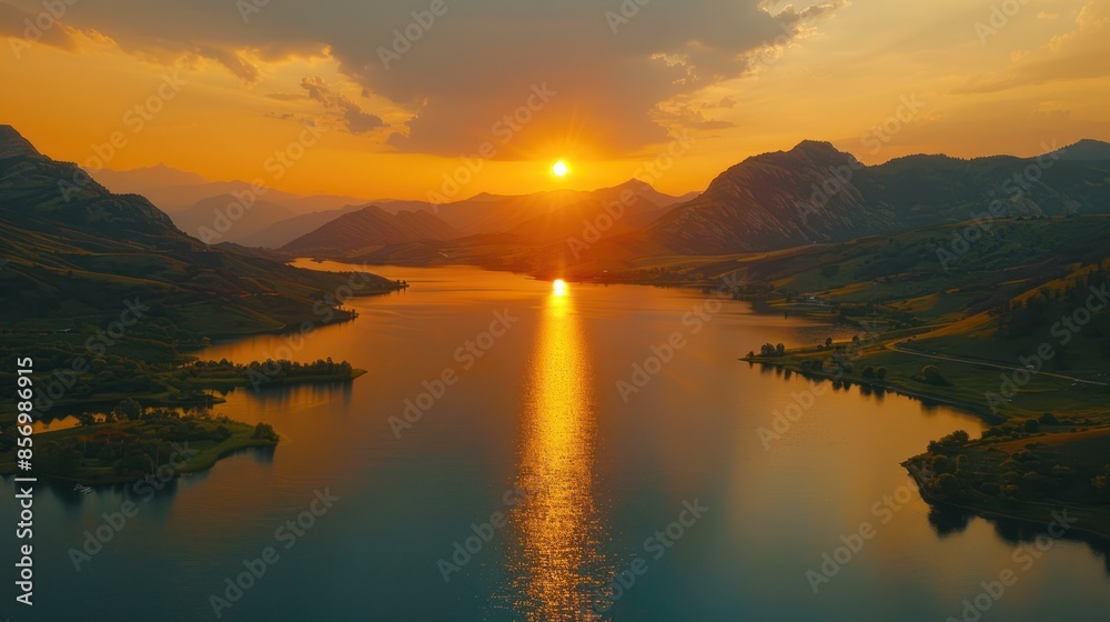 Mountain Lake Sunset: Serene Reflection of Sun Setting over Majestic Peaks Mountain Lake Sunset: Serene Reflection of Sun Setting over Majestic Peaks
