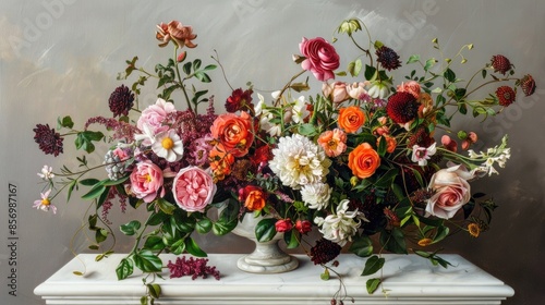 Vivid bouquet on white table viewed from side close up