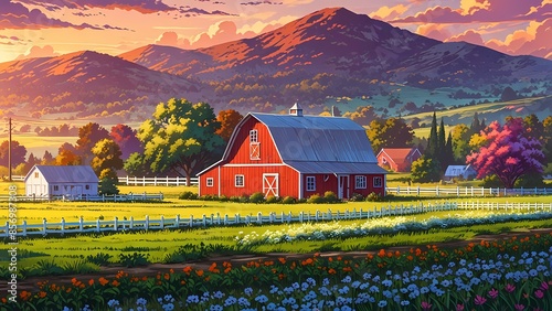 A farmhouse with red barn sunset, landscape Anime style illustration, anime flat art, background landscape, scene photo